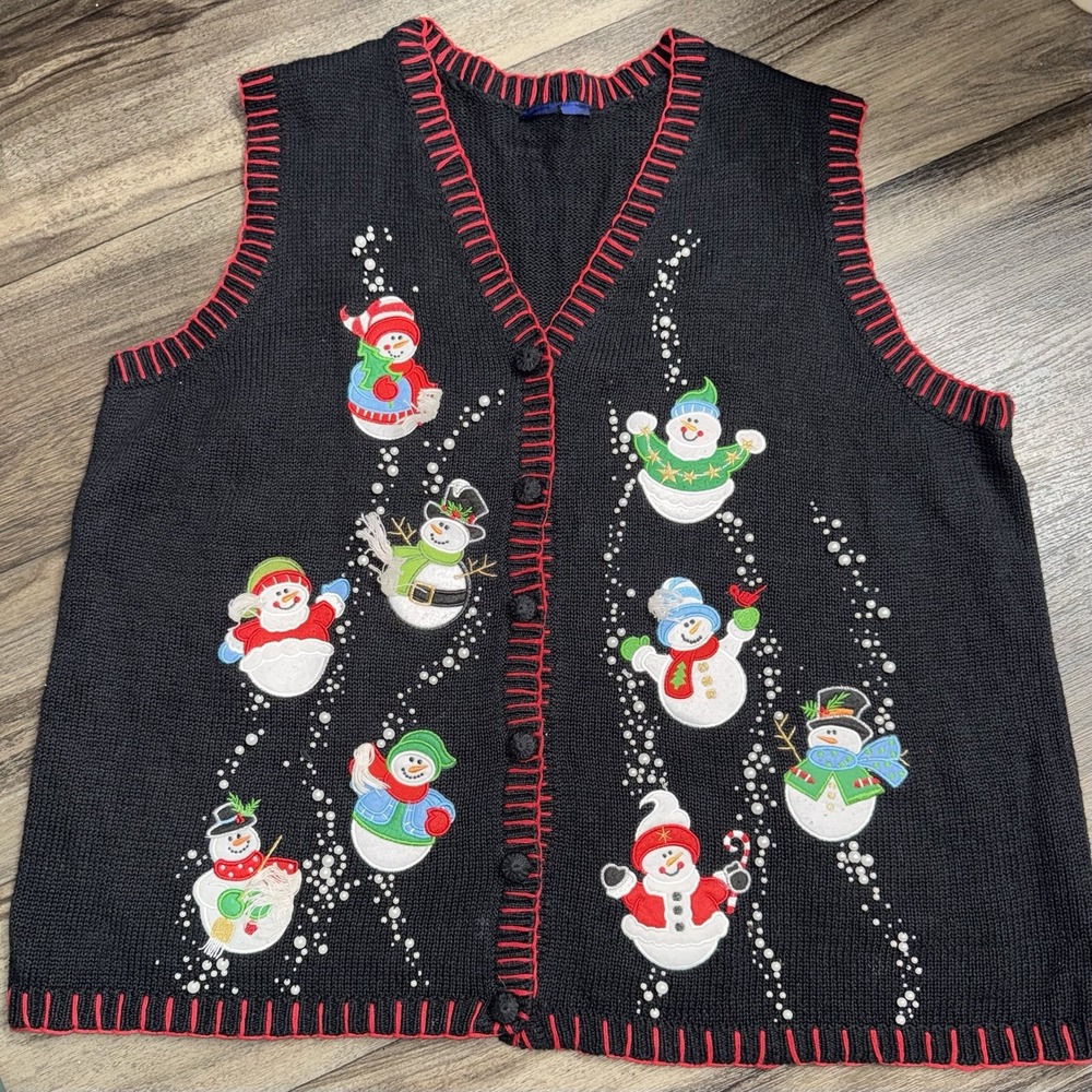 Basic Editions Christmas Sweater Vest Button‎ Snowman Embroidery Beaded 2/3x(?)